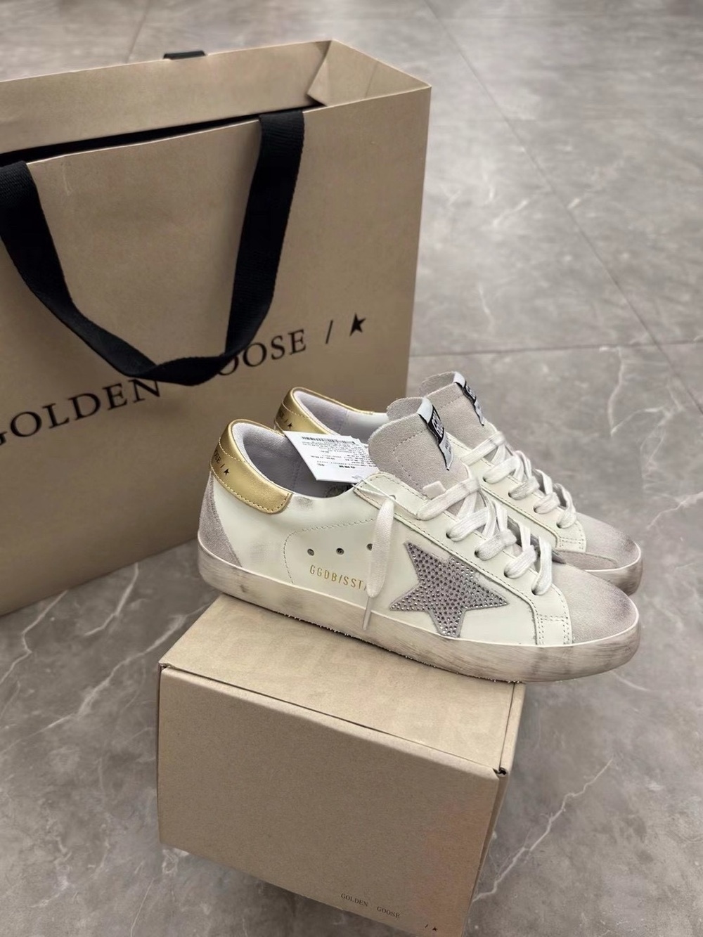Golden Goose White Leather Sneakers with Gold Heel and Gray Star